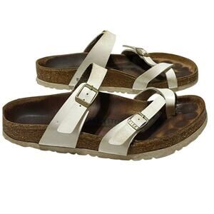Birkenstock White Leather Buckle Slide Sandals